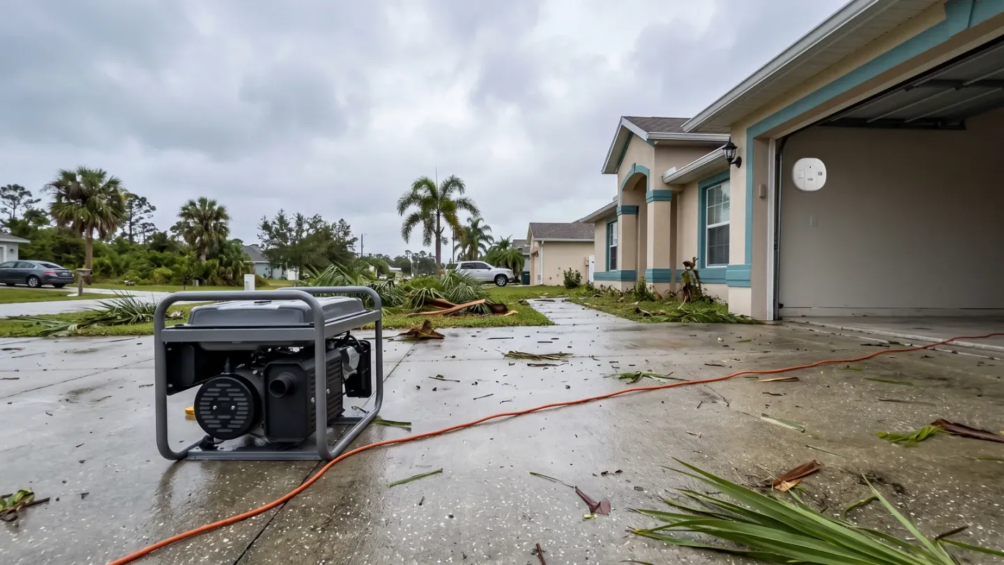 Illustration of a portable gas generator running outdoors well away from a Florida house, with a carbon monoxide alarm visible inside