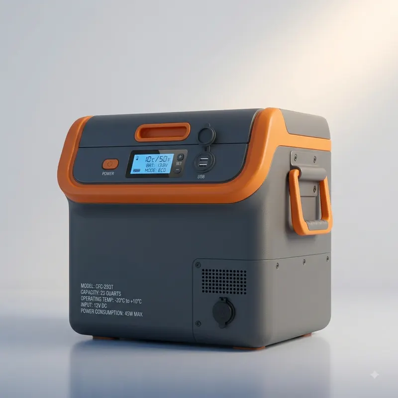 Illustrative render of a 12V portable fridge