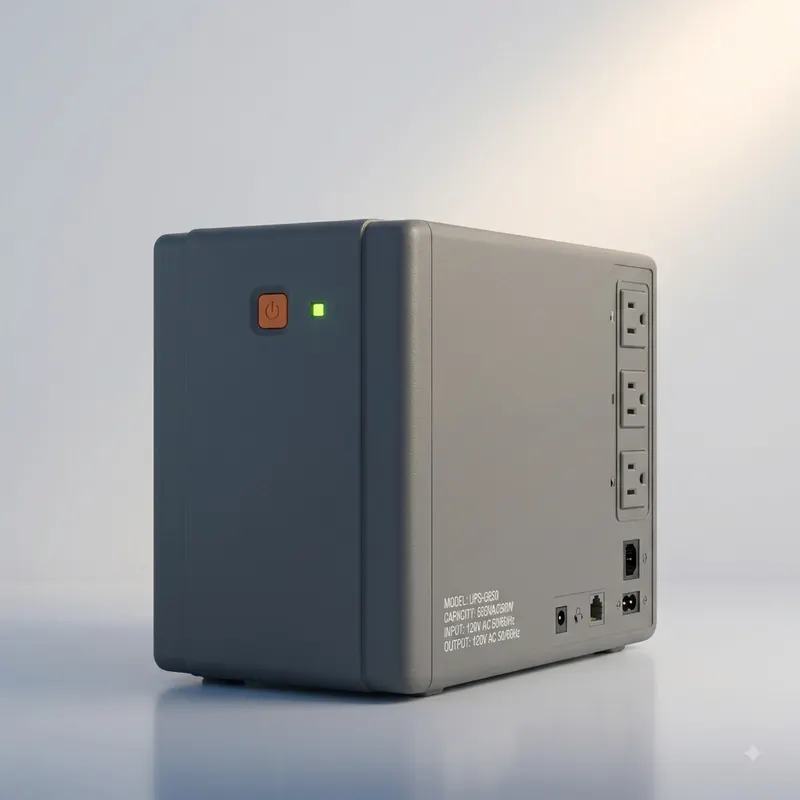 Illustrative render of a desktop UPS battery backup